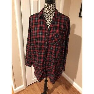 J.Jill Tunic Top Button Front Red Black Plaid Medium 100% Cotton Collard